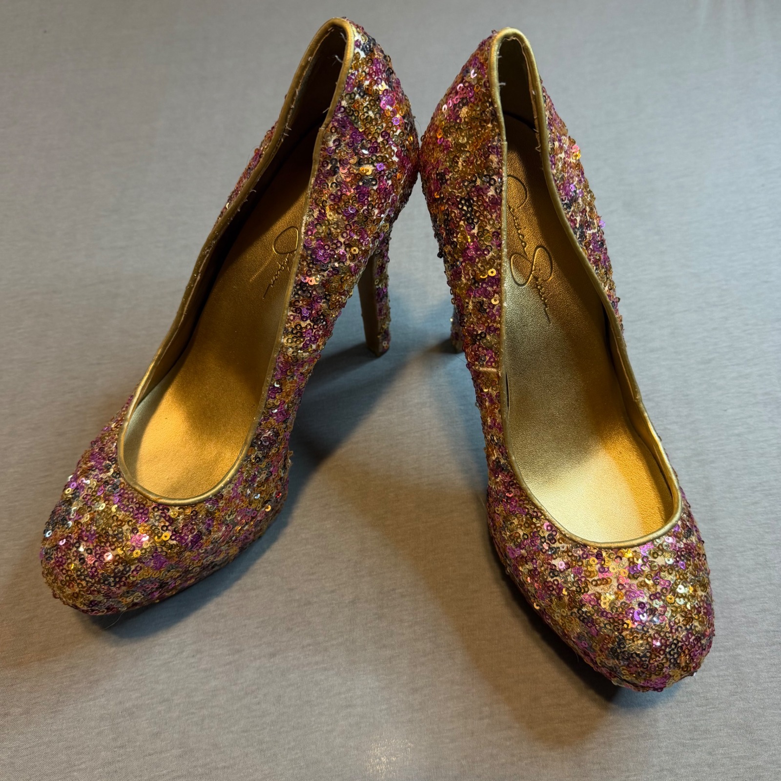 Jessica Simpson Sequin High Heels Stiletto Gold Pink Purple Heels 9.5 B 39.5